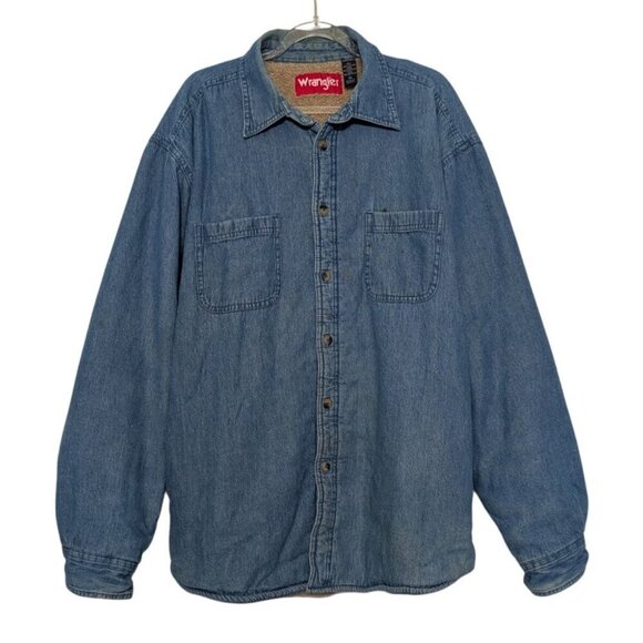 Wrangler Sherpa Lined Denim Shacket Shirt Mens Size XL Blue Western Button Front - Picture 1 of 12